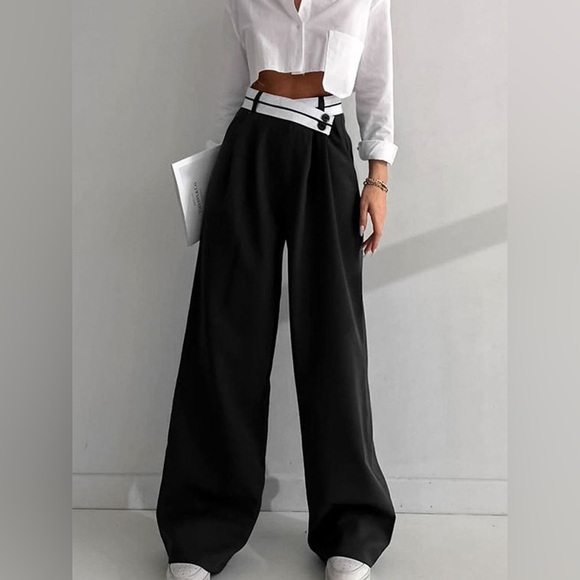 Commense Pants - Asymmetrical Contrast Waistband Wide Leg Dress Pants
Size L